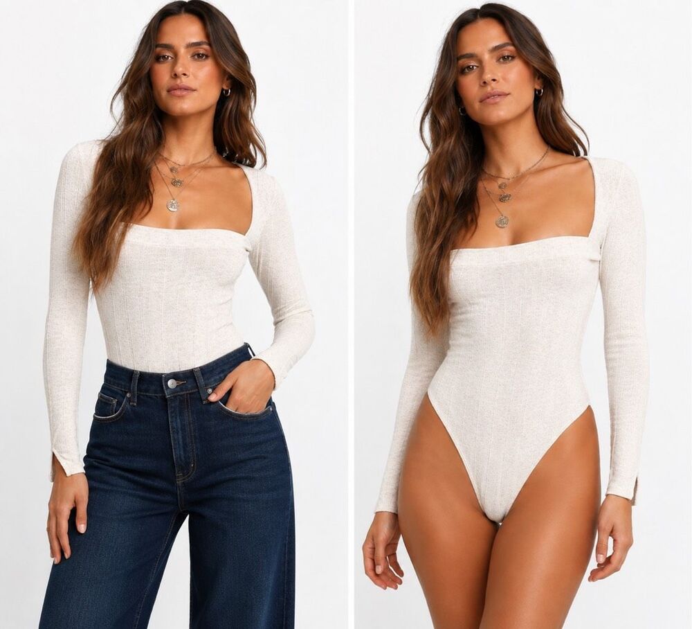 NWT Free People Intimately Beside Me Oatmeal Ribbed Square Neck LS Bodysuit XS
